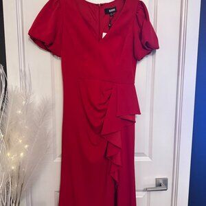 Red dress is a BA Nites puff sleeve V-neck dress